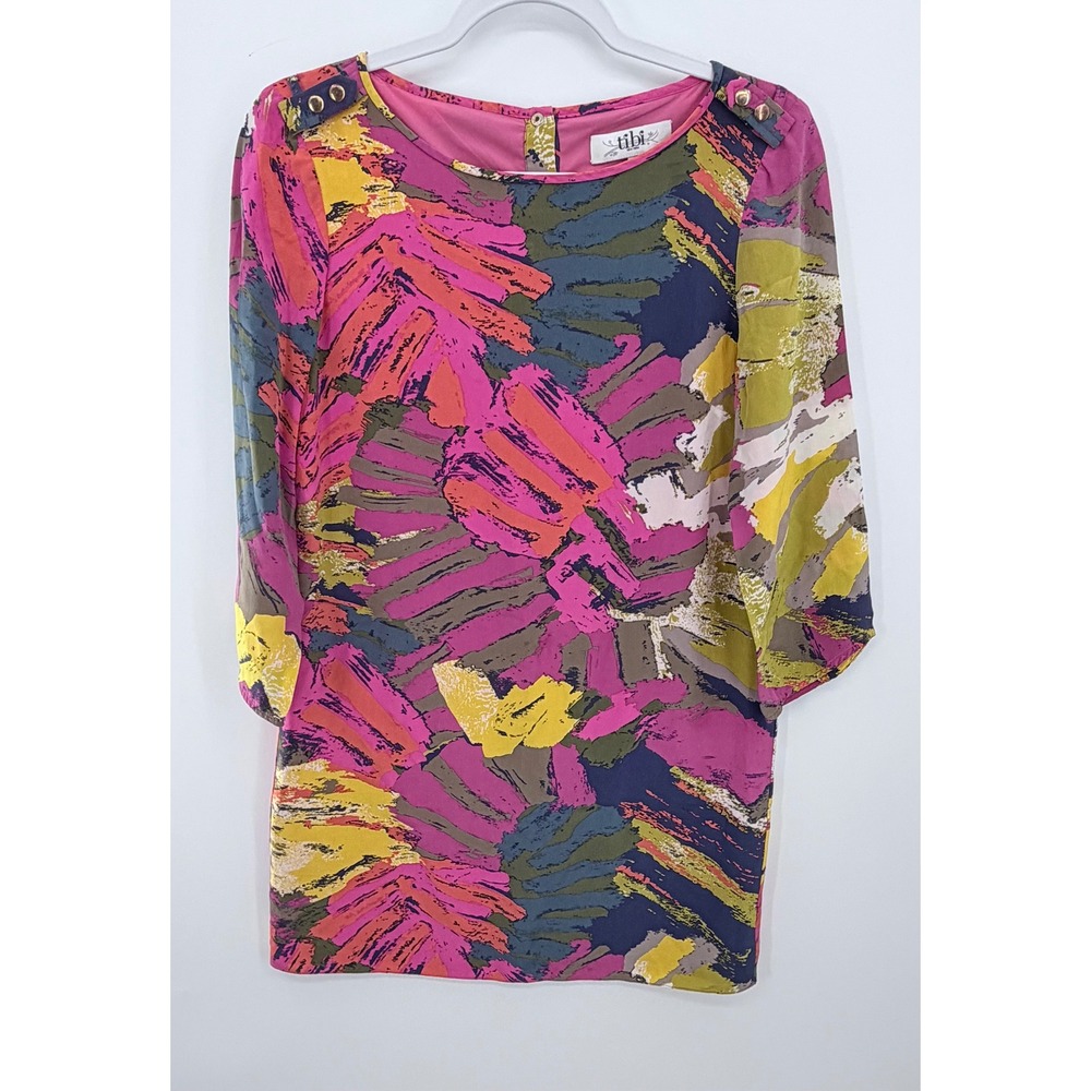 Tibi Shift Dress Womens 6 Multicolor Abstract Silk 3/4 Sleeve Mini Dress